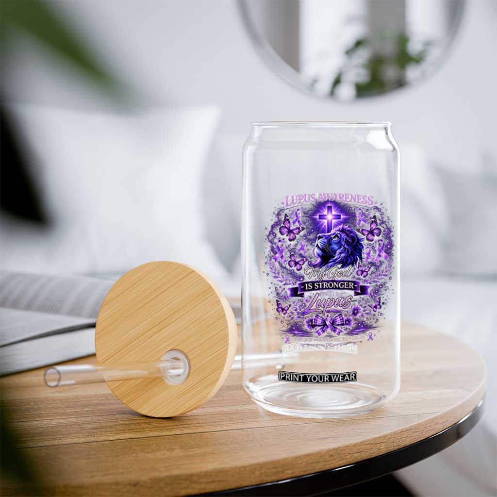 Lupus Awareness Glass Can Lion Purple Ribbon My God Is Stronger Than Lupus TS10 Print Your Wear