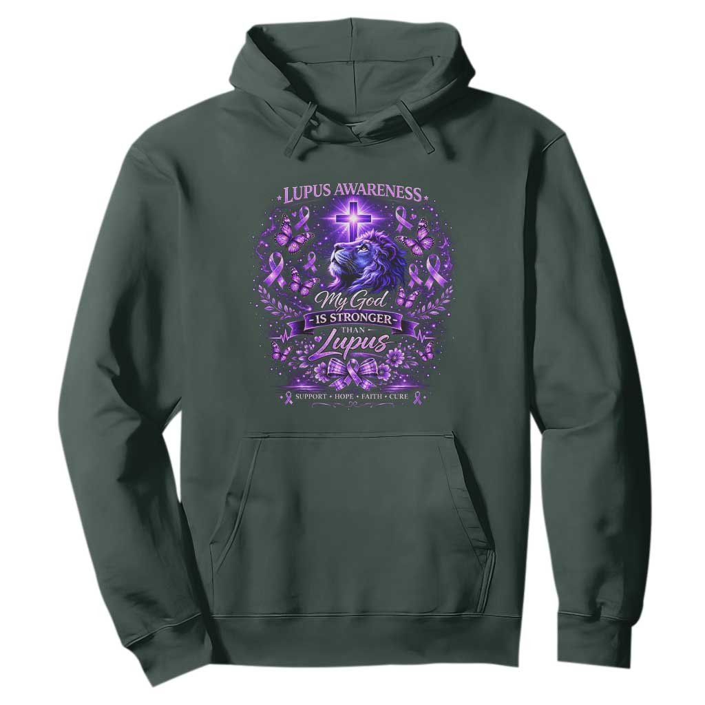 Lupus Awareness Hoodie Lion Purple Ribbon My God Is Stronger Than Lupus TS10 Dark Forest Green Print Your Wear