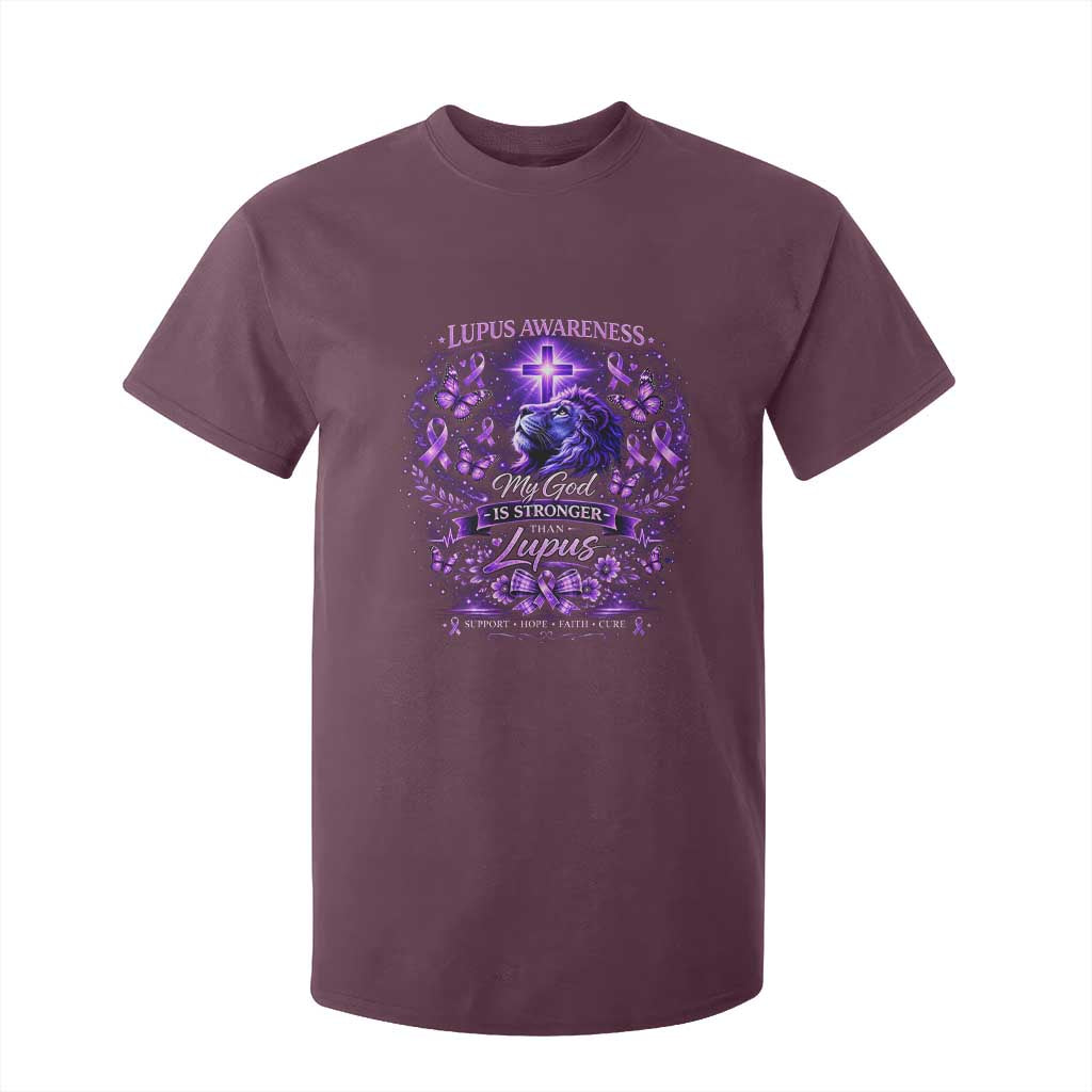 Lupus Awareness T Shirt For Kid Lion Purple Ribbon My God Is Stronger Than Lupus TS10 Maroon Print Your Wear