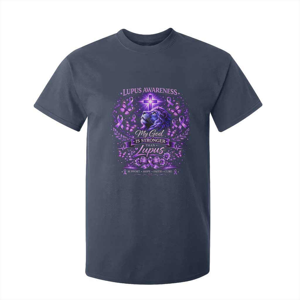 Lupus Awareness T Shirt For Kid Lion Purple Ribbon My God Is Stronger Than Lupus TS10 Navy Print Your Wear