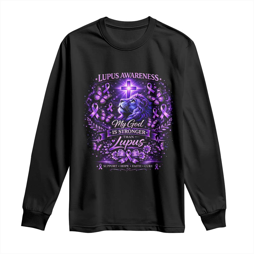 Lupus Awareness Long Sleeve Shirt Lion Purple Ribbon My God Is Stronger Than Lupus TS10 Black Print Your Wear