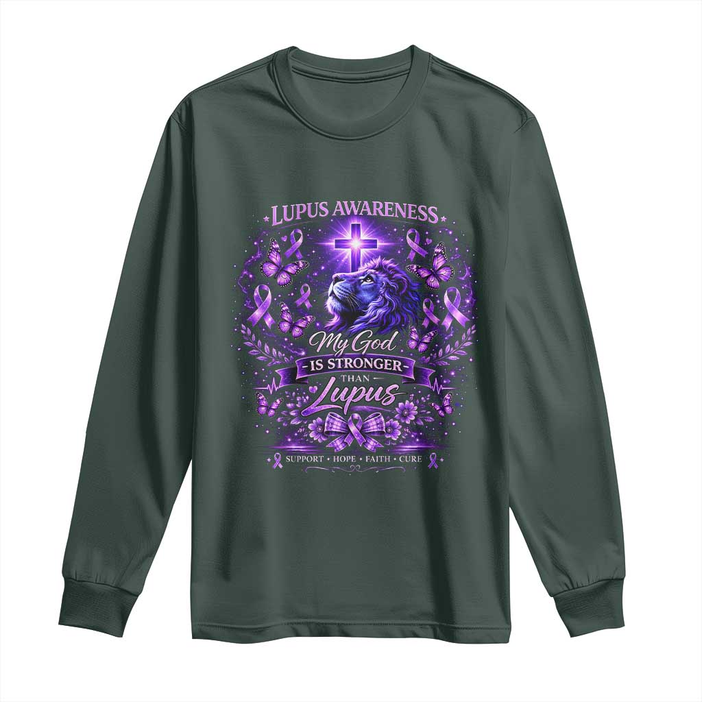 Lupus Awareness Long Sleeve Shirt Lion Purple Ribbon My God Is Stronger Than Lupus TS10 Dark Forest Green Print Your Wear