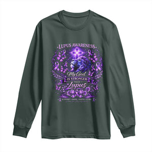 Lupus Awareness Long Sleeve Shirt Lion Purple Ribbon My God Is Stronger Than Lupus TS10 Dark Forest Green Print Your Wear