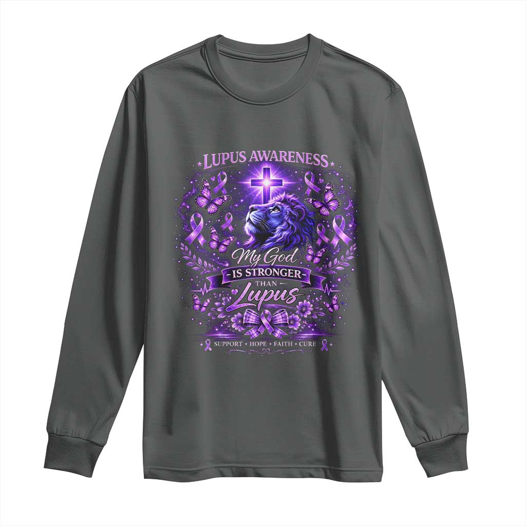 Lupus Awareness Long Sleeve Shirt Lion Purple Ribbon My God Is Stronger Than Lupus TS10 Dark Heather Print Your Wear