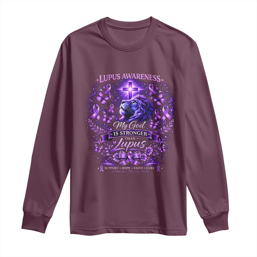 Lupus Awareness Long Sleeve Shirt Lion Purple Ribbon My God Is Stronger Than Lupus TS10 Maroon Print Your Wear