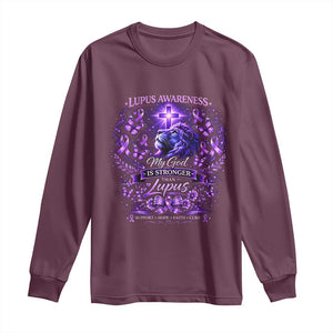 Lupus Awareness Long Sleeve Shirt Lion Purple Ribbon My God Is Stronger Than Lupus TS10 Maroon Print Your Wear