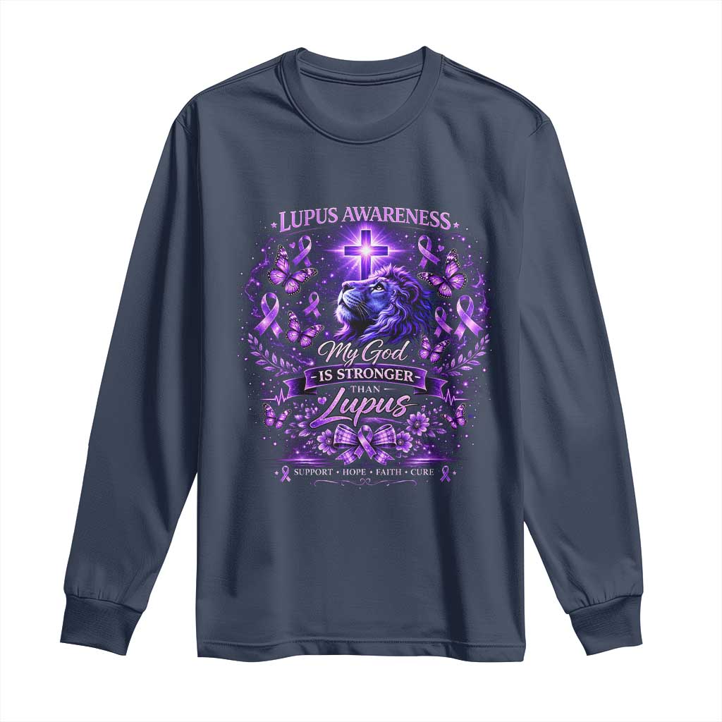Lupus Awareness Long Sleeve Shirt Lion Purple Ribbon My God Is Stronger Than Lupus TS10 Navy Print Your Wear