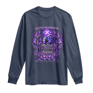 Lupus Awareness Long Sleeve Shirt Lion Purple Ribbon My God Is Stronger Than Lupus TS10 Navy Print Your Wear