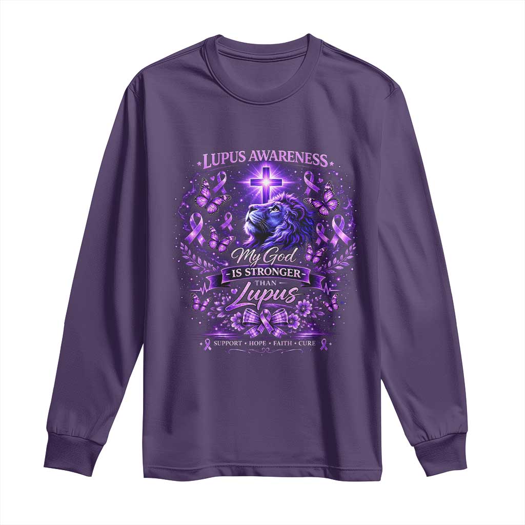 Lupus Awareness Long Sleeve Shirt Lion Purple Ribbon My God Is Stronger Than Lupus TS10 Purple Print Your Wear