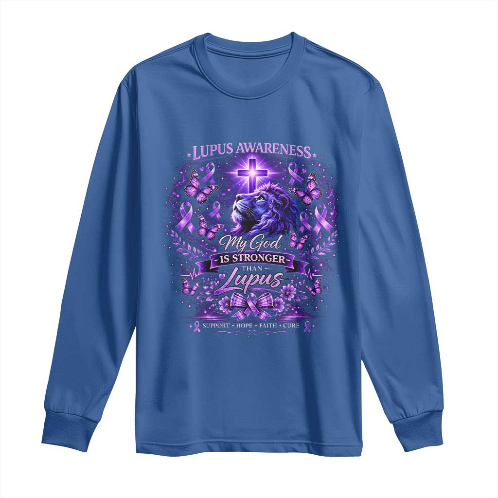 Lupus Awareness Long Sleeve Shirt Lion Purple Ribbon My God Is Stronger Than Lupus TS10 Royal Blue Print Your Wear