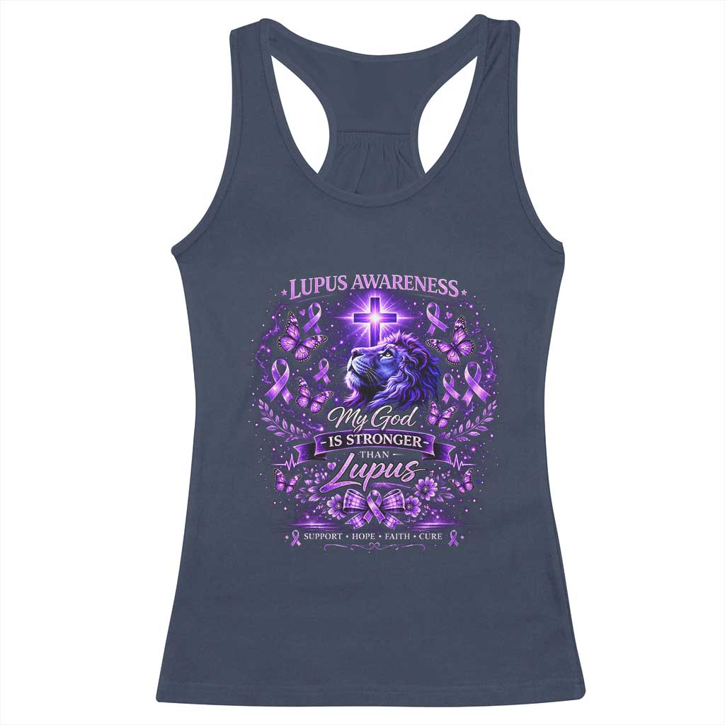 Lupus Awareness Racerback Tank Top Lion Purple Ribbon My God Is Stronger Than Lupus TS10 Navy Print Your Wear