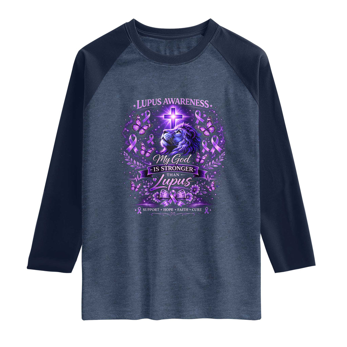 Lupus Awareness Raglan Shirt Lion Purple Ribbon My God Is Stronger Than Lupus TS10 Heather Denim Navy Print Your Wear