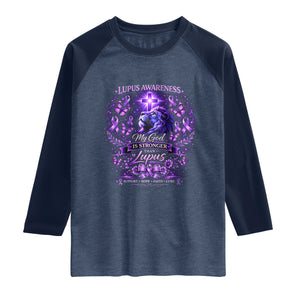 Lupus Awareness Raglan Shirt Lion Purple Ribbon My God Is Stronger Than Lupus TS10 Heather Denim Navy Print Your Wear