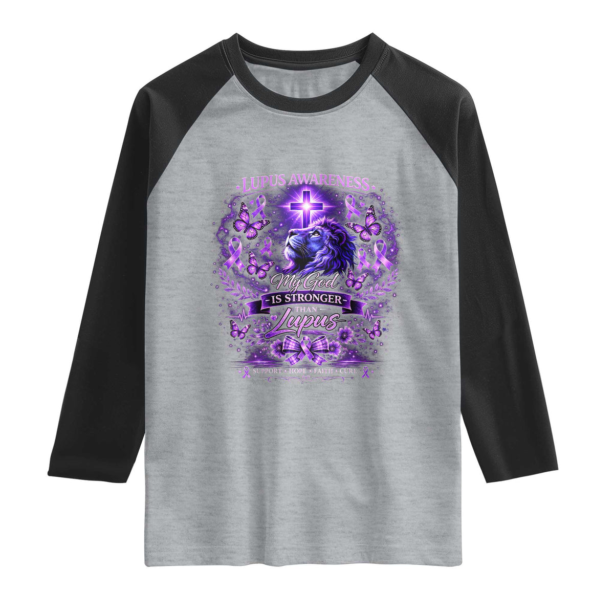 Lupus Awareness Raglan Shirt Lion Purple Ribbon My God Is Stronger Than Lupus TS10 Heather Gray Black Print Your Wear