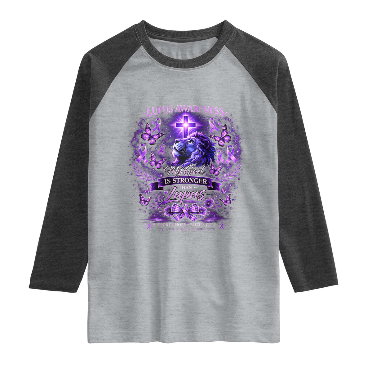 Lupus Awareness Raglan Shirt Lion Purple Ribbon My God Is Stronger Than Lupus TS10 Heather Gray Heather Charcoal Print Your Wear