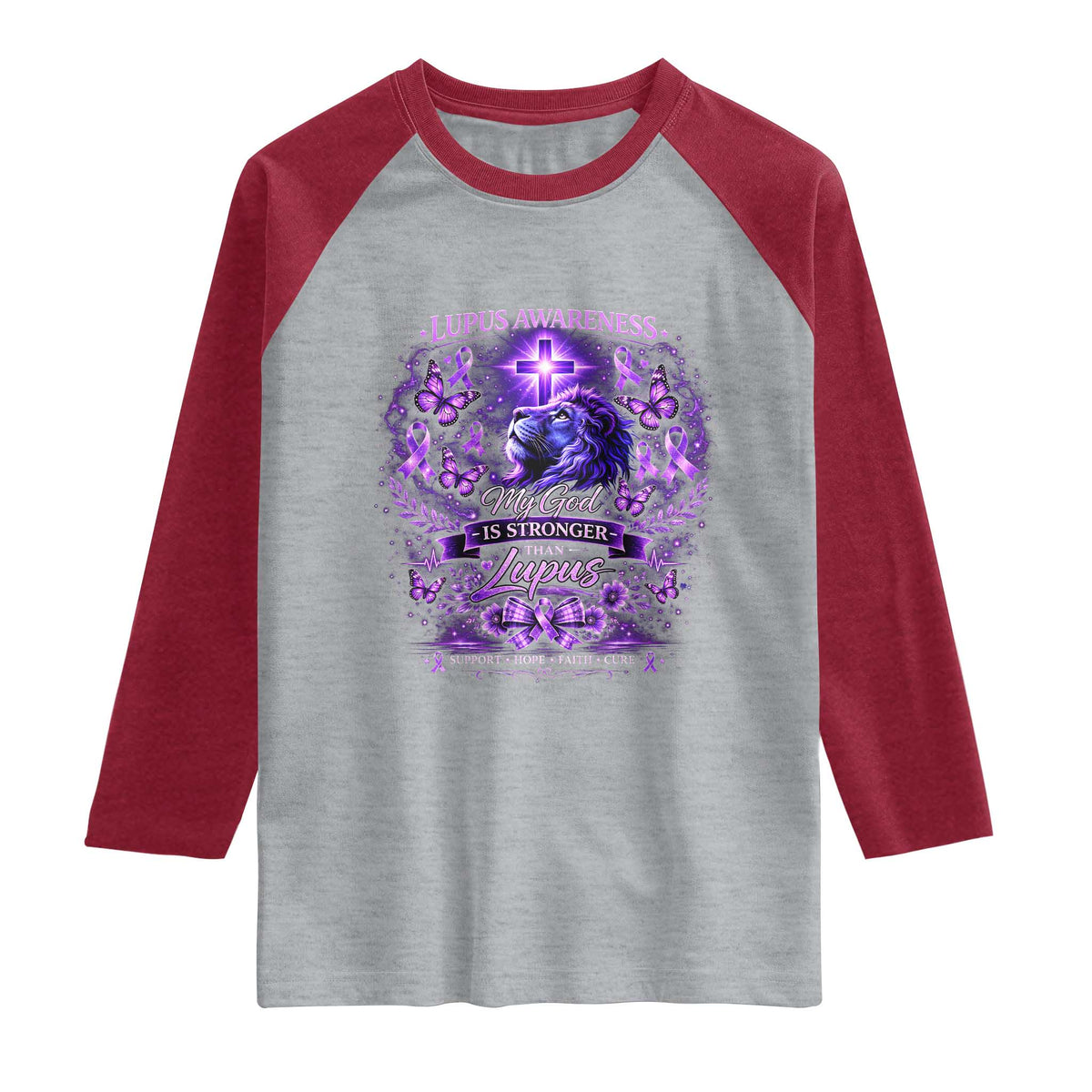 Lupus Awareness Raglan Shirt Lion Purple Ribbon My God Is Stronger Than Lupus TS10 Heather Gray Heather Red Print Your Wear