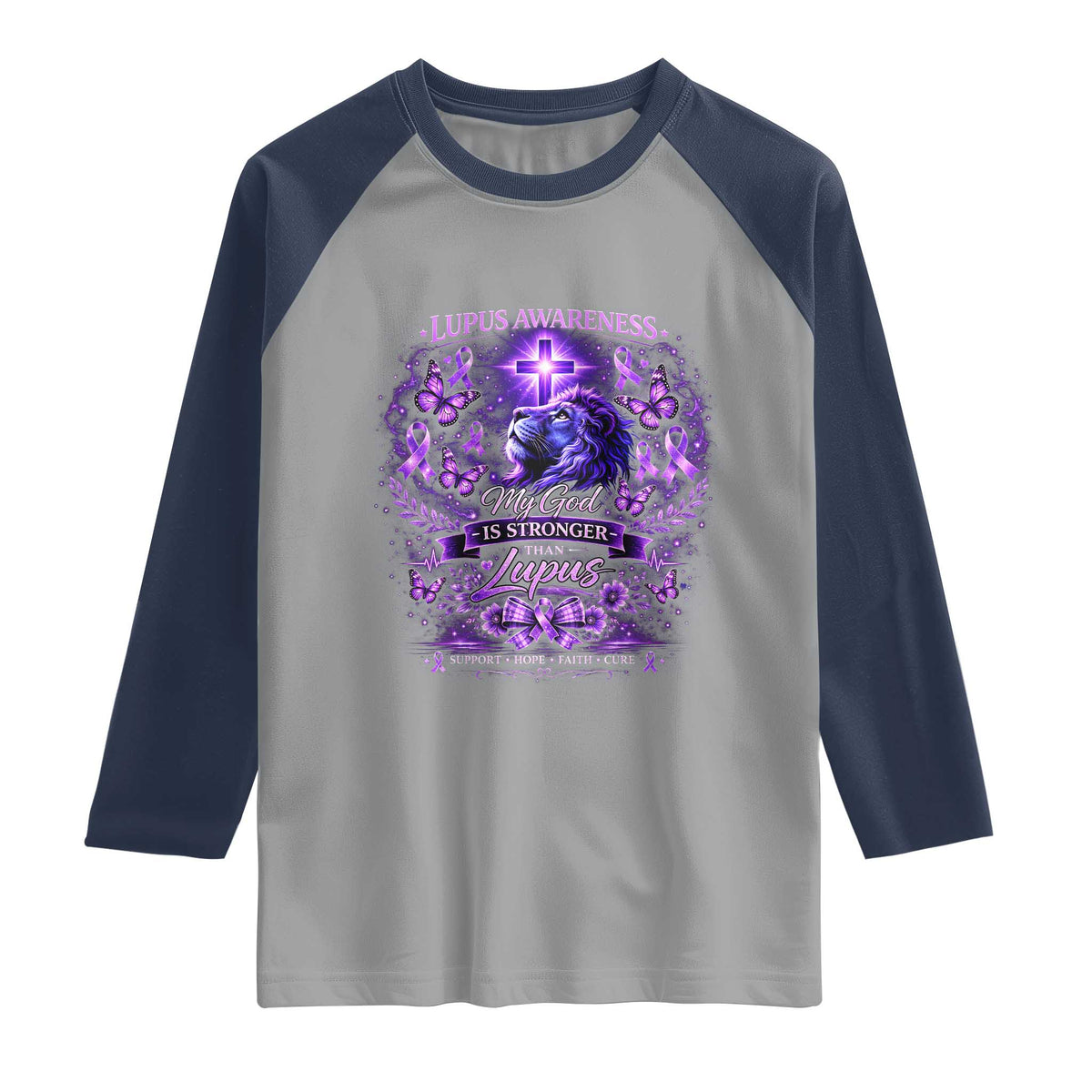 Lupus Awareness Raglan Shirt Lion Purple Ribbon My God Is Stronger Than Lupus TS10 Sport Gray Navy Print Your Wear