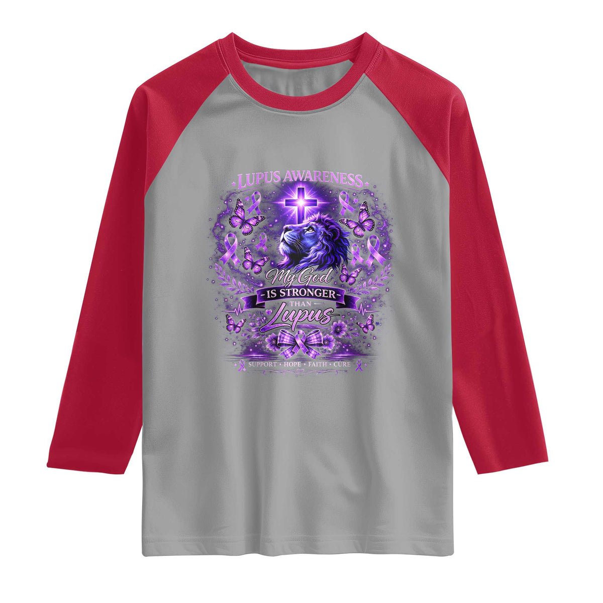 Lupus Awareness Raglan Shirt Lion Purple Ribbon My God Is Stronger Than Lupus TS10 Sport Gray Red Print Your Wear