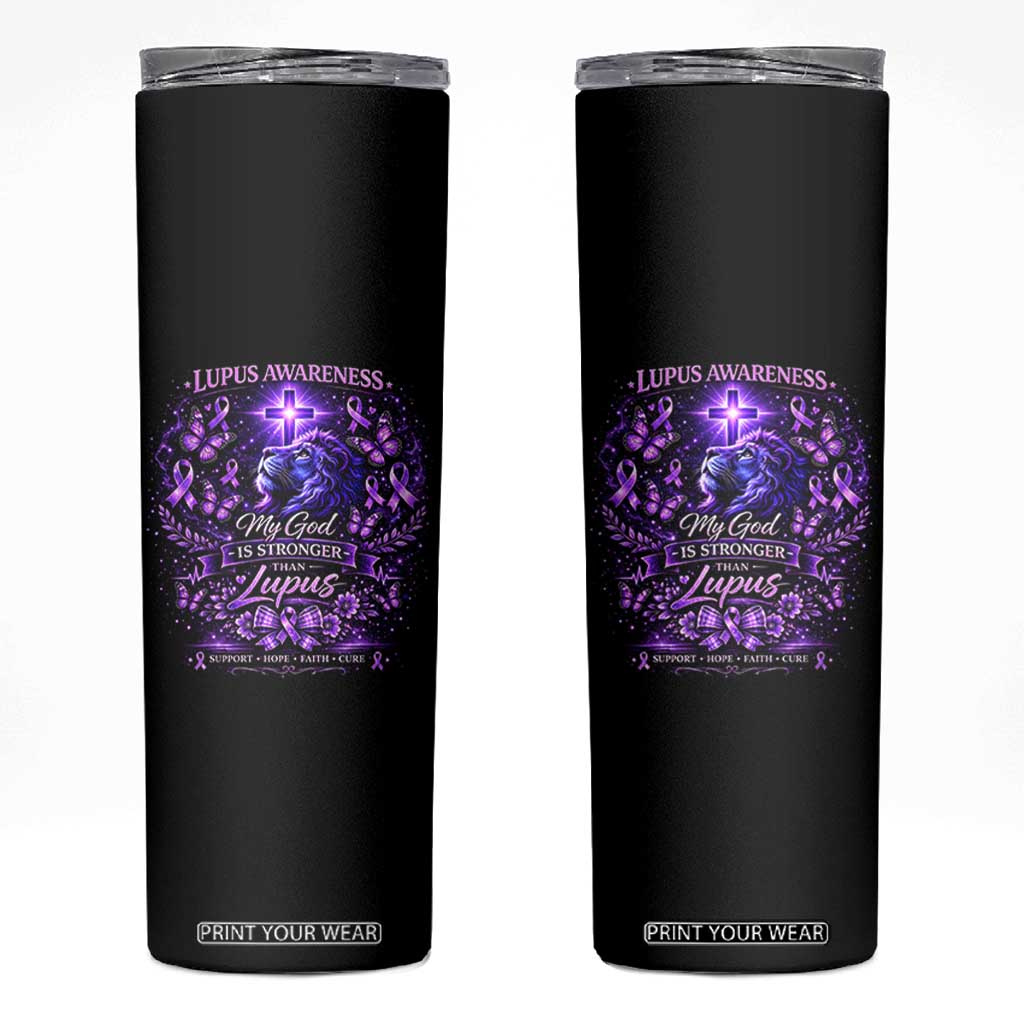 Lupus Awareness Skinny Tumbler Lion Purple Ribbon My God Is Stronger Than Lupus TS10 Black Print Your Wear