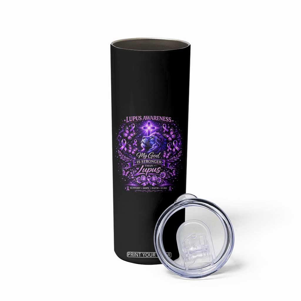 Lupus Awareness Skinny Tumbler Lion Purple Ribbon My God Is Stronger Than Lupus TS10 Print Your Wear
