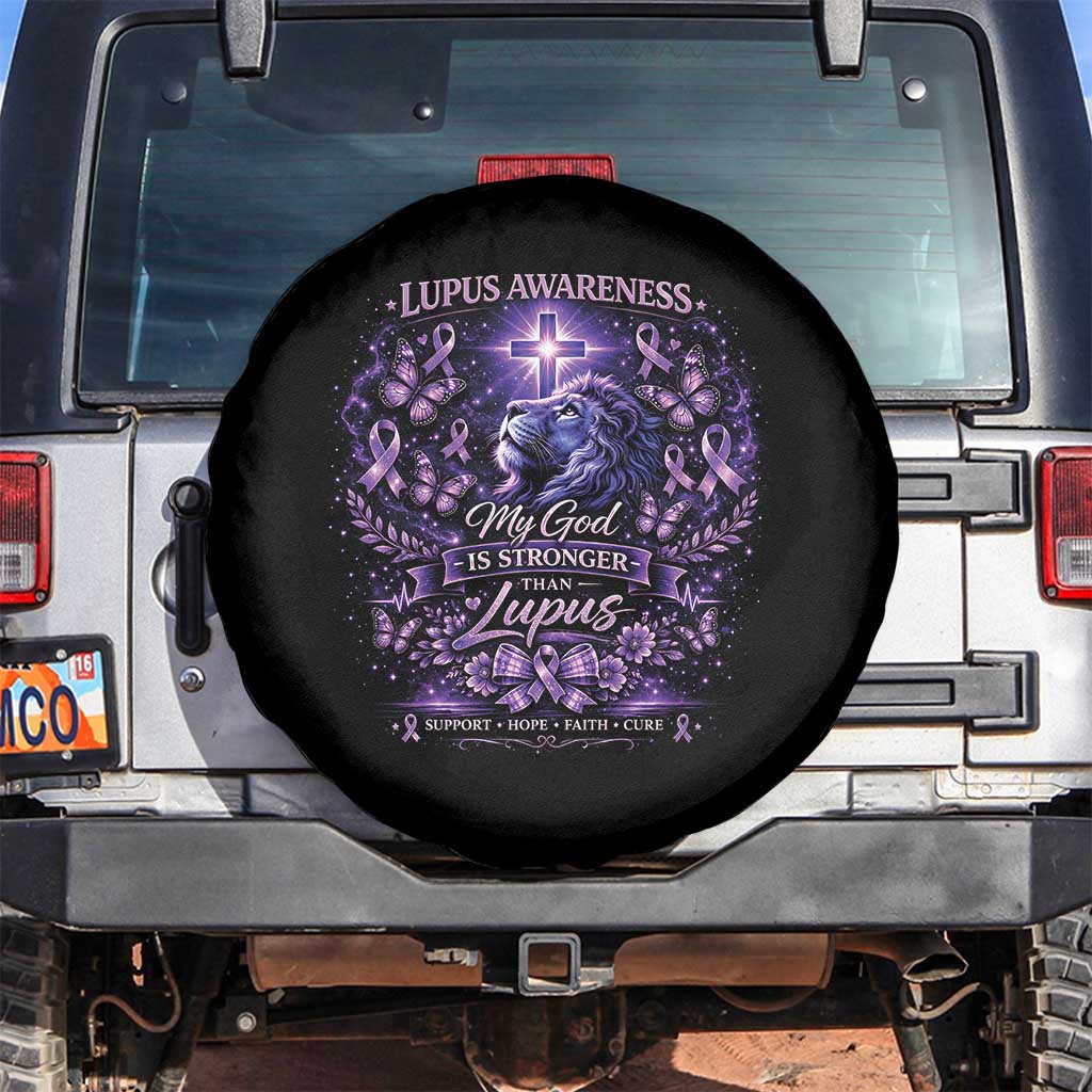 Lupus Awareness Spare Tire Cover Lion Purple Ribbon My God Is Stronger Than Lupus TS10 No hole Black Print Your Wear