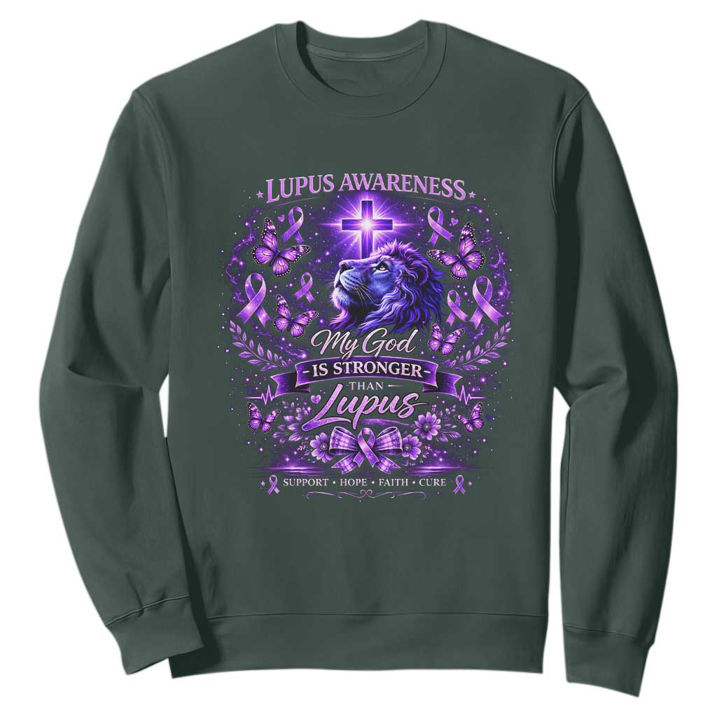 Lupus Awareness Sweatshirt Lion Purple Ribbon My God Is Stronger Than Lupus TS10 Dark Forest Green Print Your Wear