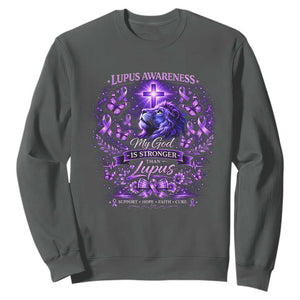 Lupus Awareness Sweatshirt Lion Purple Ribbon My God Is Stronger Than Lupus TS10 Dark Heather Print Your Wear