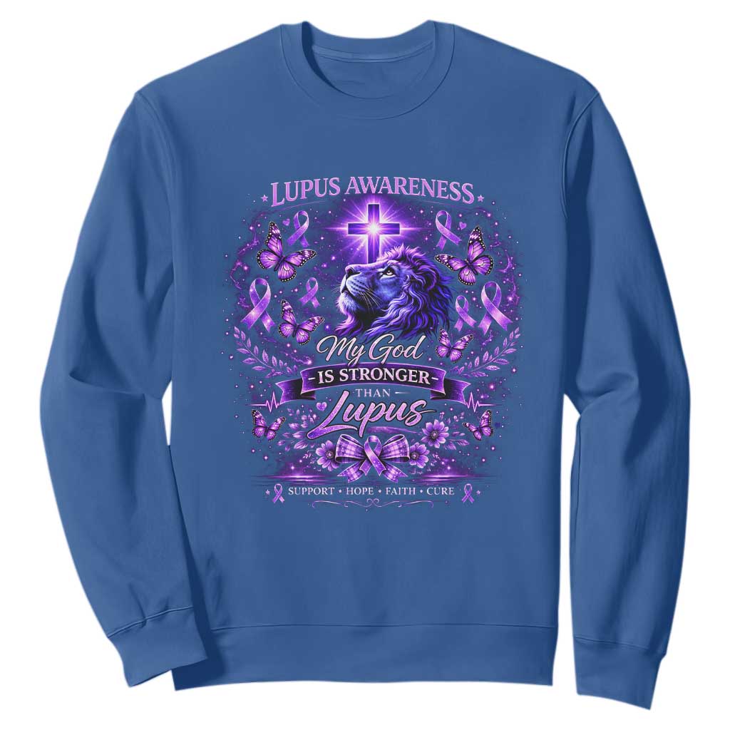 Lupus Awareness Sweatshirt Lion Purple Ribbon My God Is Stronger Than Lupus TS10 Royal Blue Print Your Wear