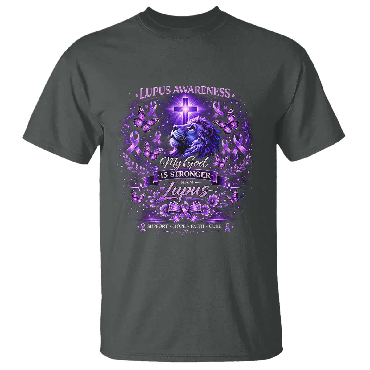 Lupus Awareness T Shirt Lion Purple Ribbon My God Is Stronger Than Lupus TS10 Dark Heather Print Your Wear