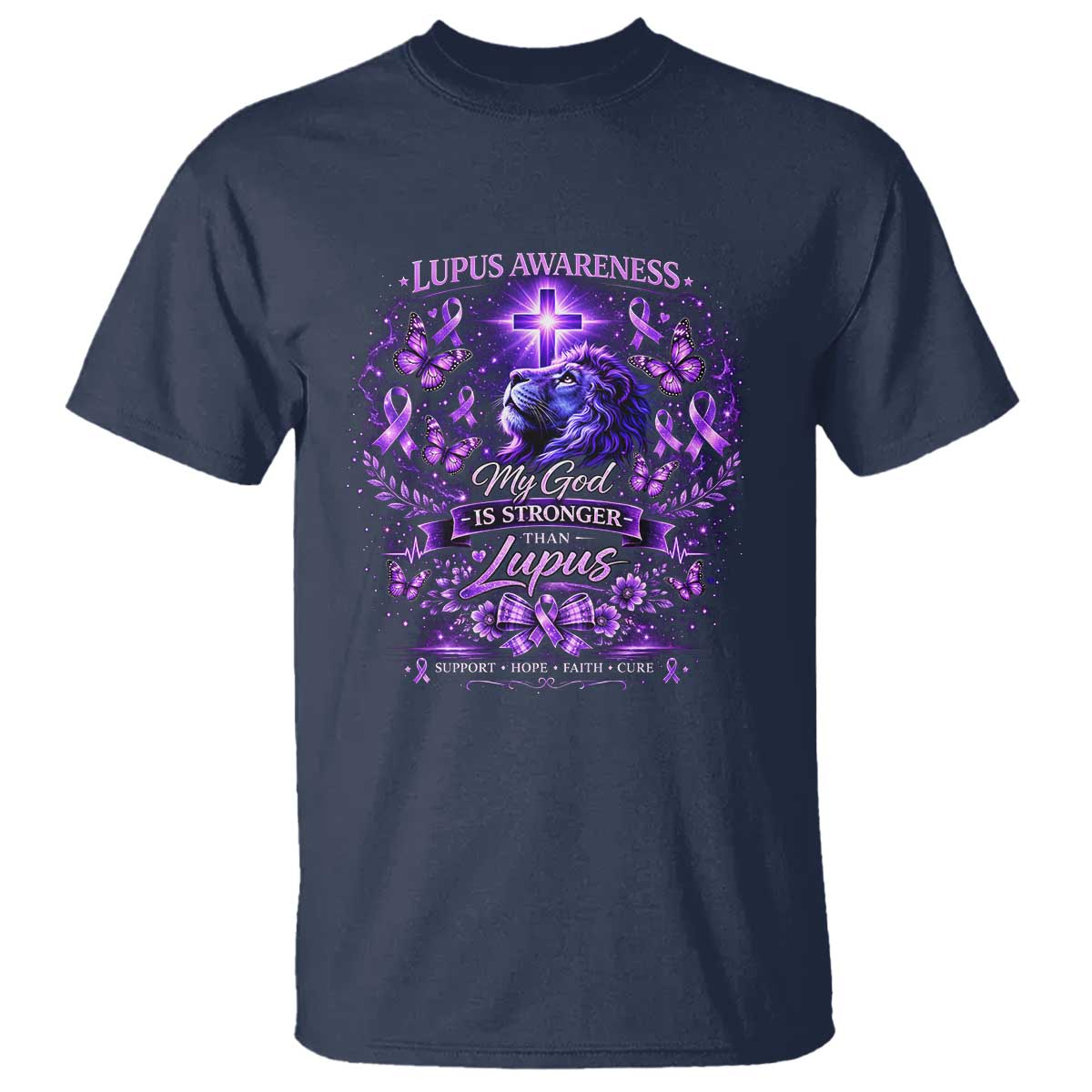 Lupus Awareness T Shirt Lion Purple Ribbon My God Is Stronger Than Lupus TS10 Navy Print Your Wear