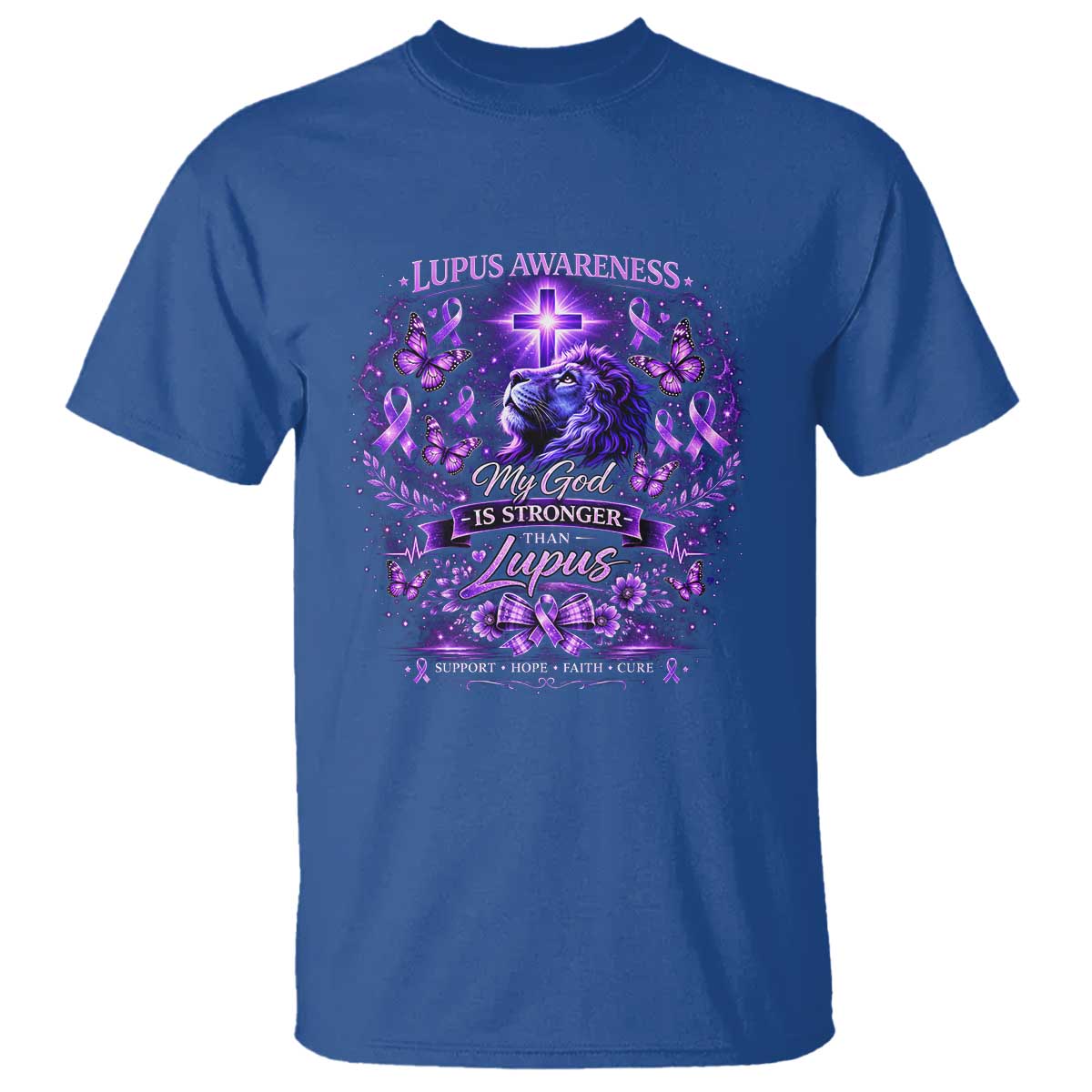 Lupus Awareness T Shirt Lion Purple Ribbon My God Is Stronger Than Lupus TS10 Royal Blue Print Your Wear