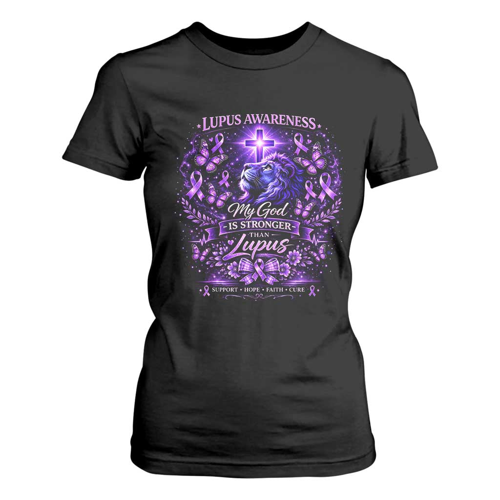 Lupus Awareness T Shirt For Women Lion Purple Ribbon My God Is Stronger Than Lupus TS10 Black Print Your Wear
