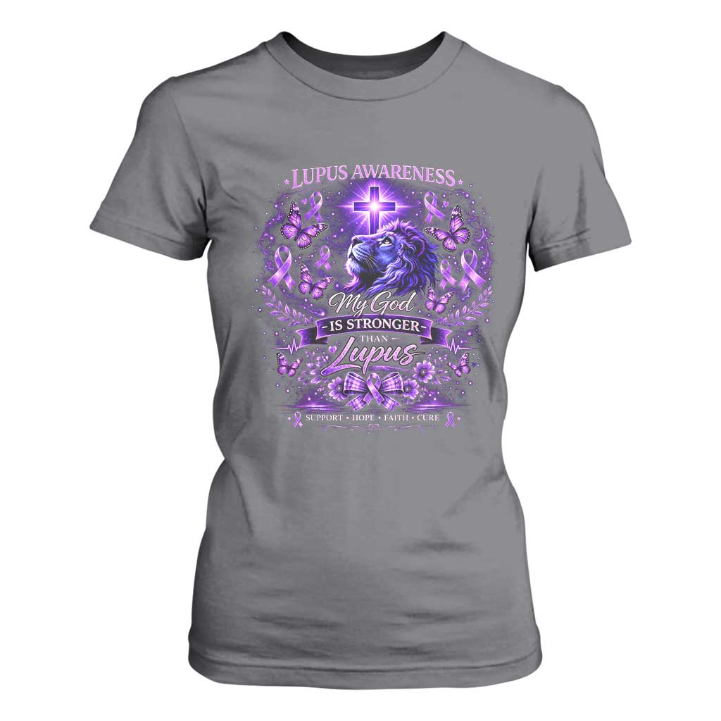 Lupus Awareness T Shirt For Women Lion Purple Ribbon My God Is Stronger Than Lupus TS10 Charcoal Print Your Wear