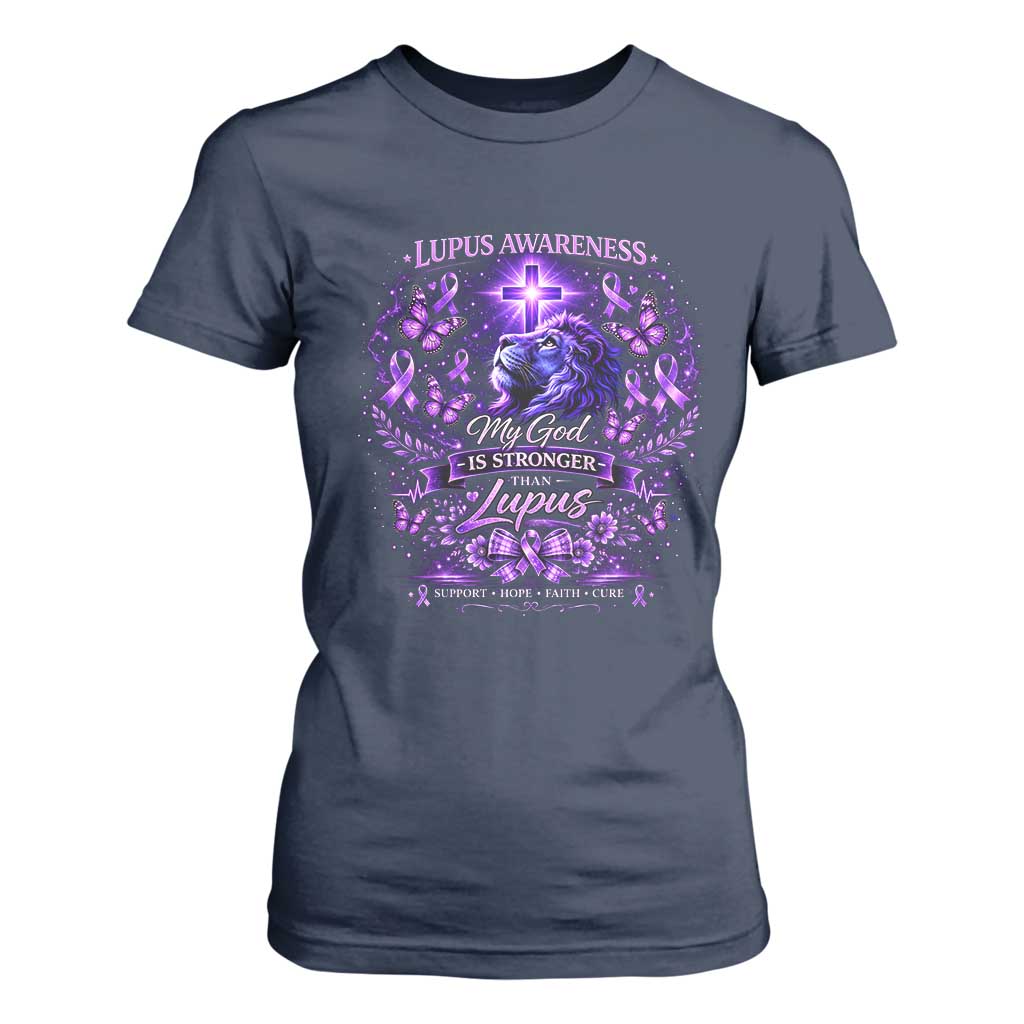 Lupus Awareness T Shirt For Women Lion Purple Ribbon My God Is Stronger Than Lupus TS10 Navy Print Your Wear