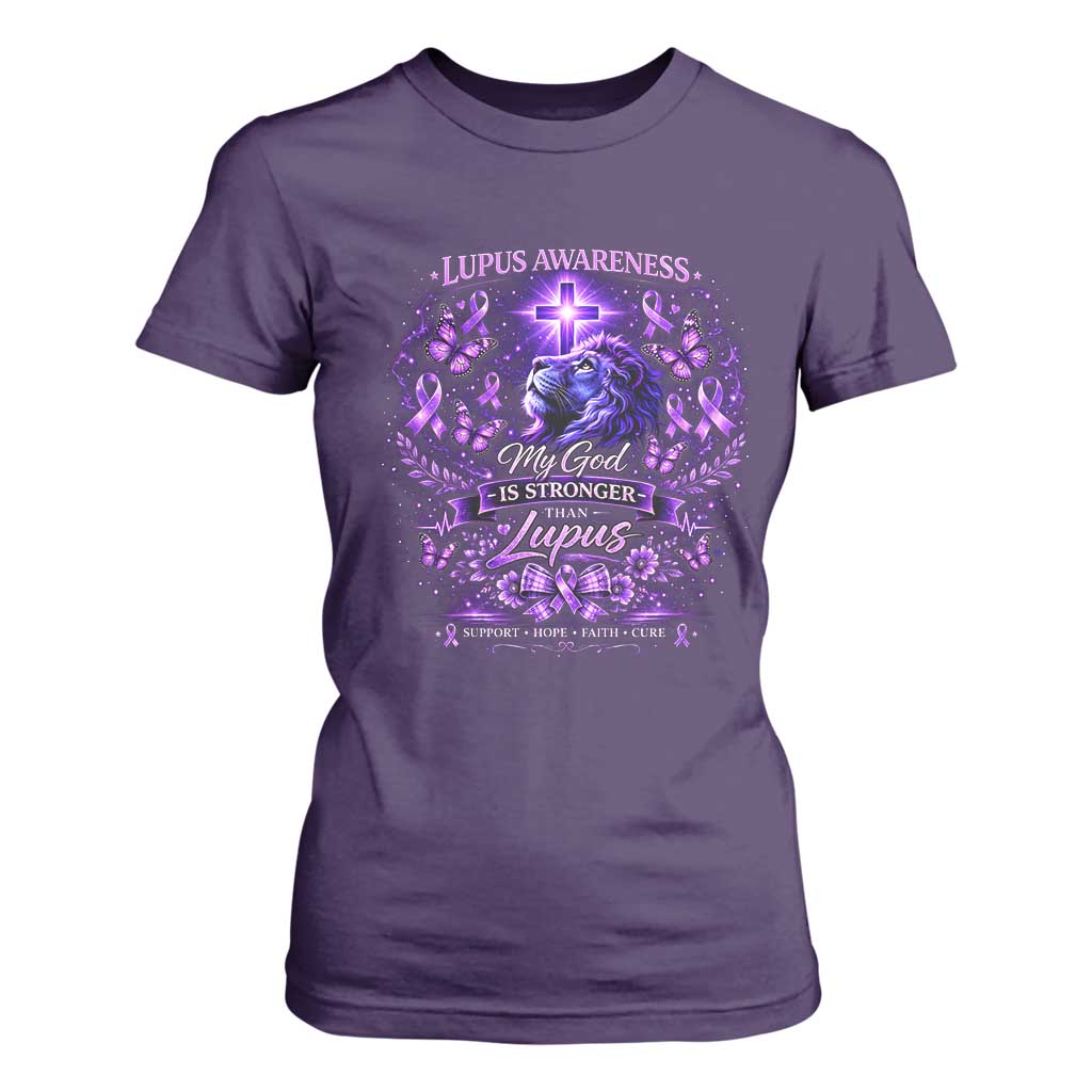 Lupus Awareness T Shirt For Women Lion Purple Ribbon My God Is Stronger Than Lupus TS10 Purple Print Your Wear