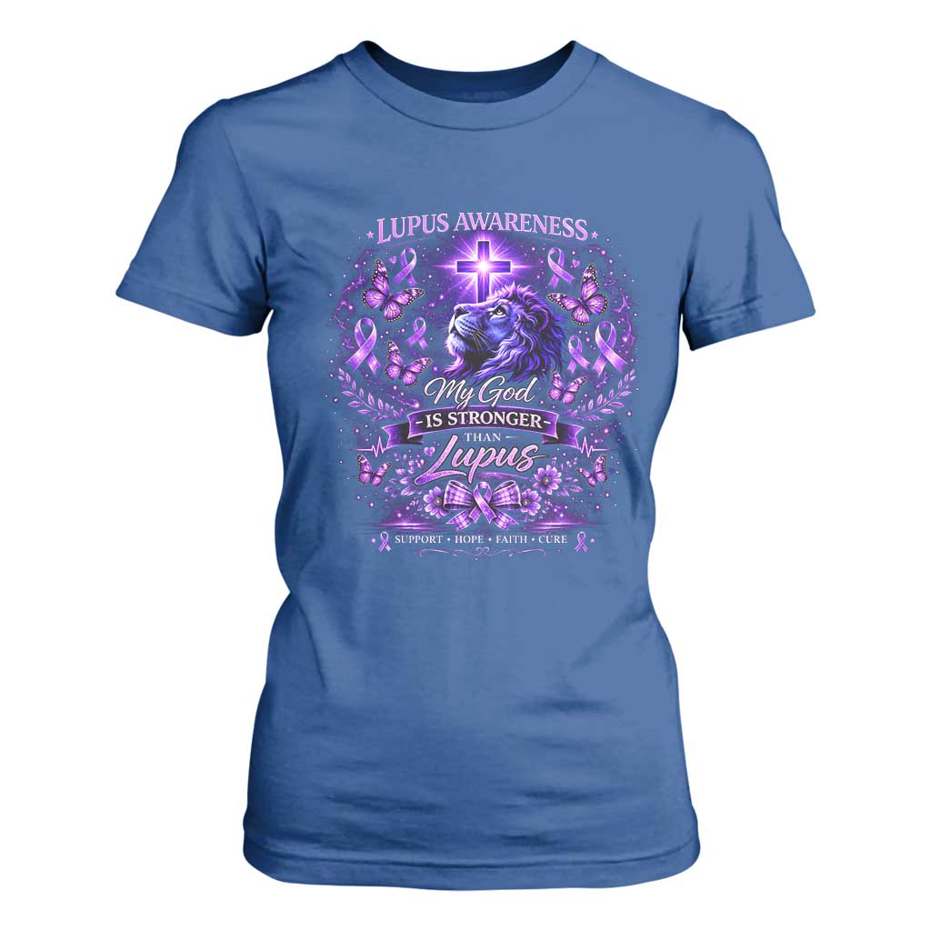 Lupus Awareness T Shirt For Women Lion Purple Ribbon My God Is Stronger Than Lupus TS10 Royal Blue Print Your Wear