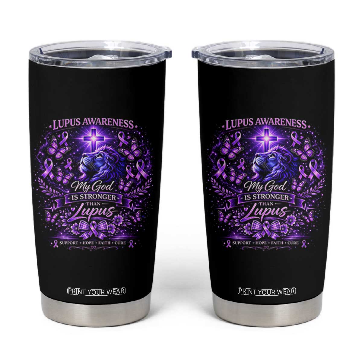 Lupus Awareness Tumbler Cup Lion Purple Ribbon My God Is Stronger Than Lupus TS10 Black Print Your Wear