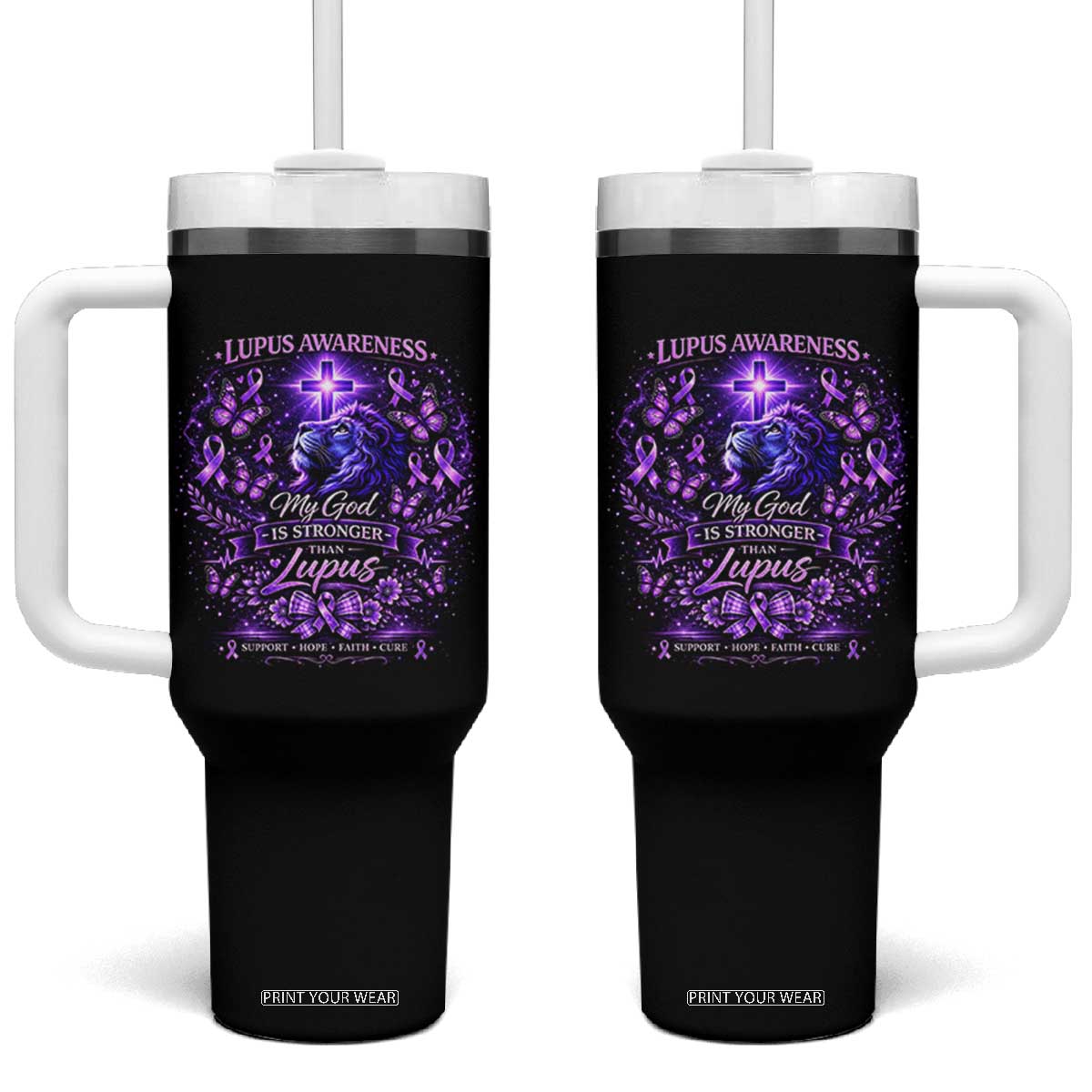 Lupus Awareness Tumbler With Handle Lion Purple Ribbon My God Is Stronger Than Lupus TS10 One Size: 40 oz Black Print Your Wear