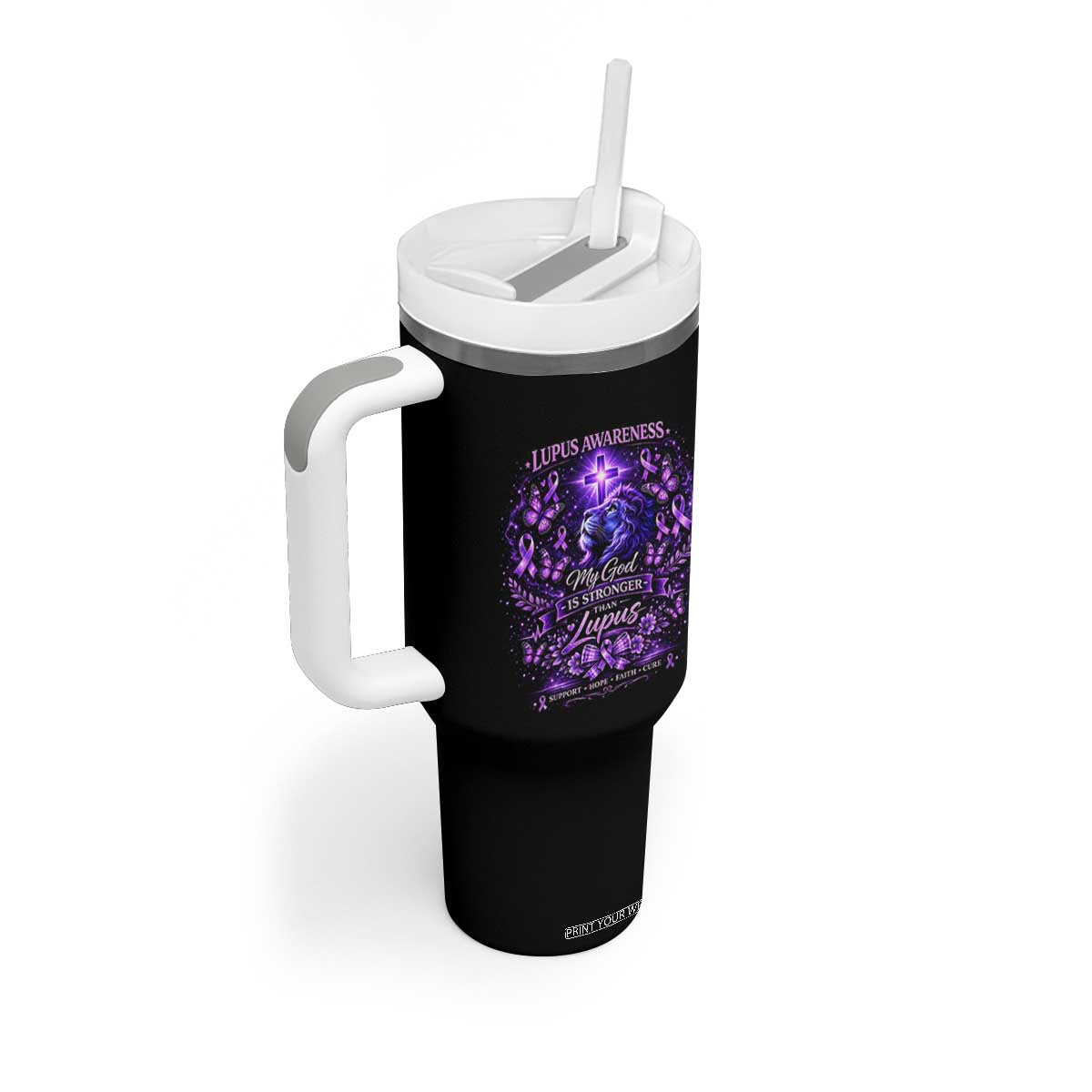 Lupus Awareness Tumbler With Handle Lion Purple Ribbon My God Is Stronger Than Lupus TS10 Print Your Wear