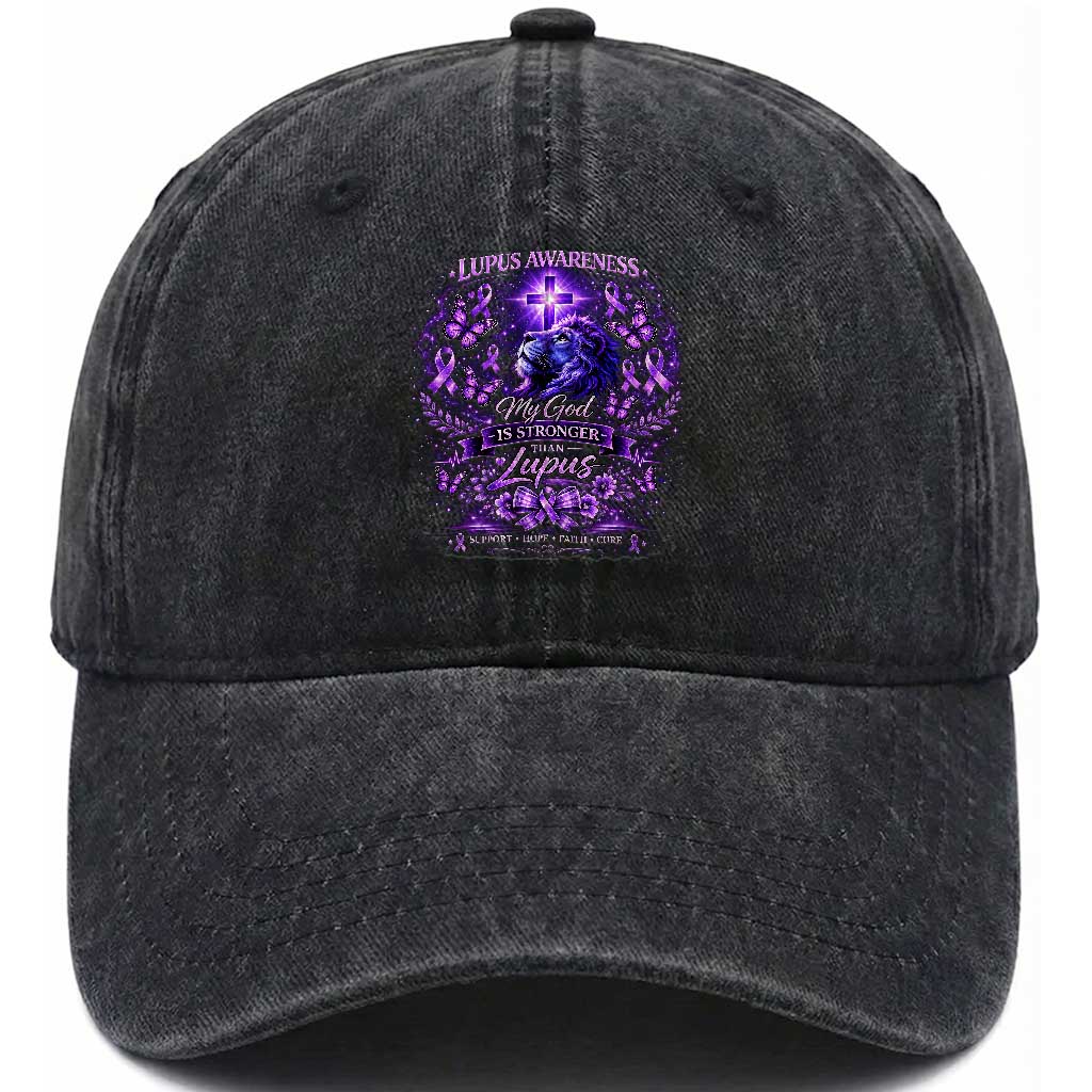Lupus Awareness Washed Cotton Baseball Cap Lion Purple Ribbon My God Is Stronger Than Lupus TS10 Washed Cap Universal Fit Black Print Your Wear