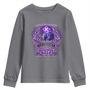 Lupus Awareness Youth Sweatshirt Lion Purple Ribbon My God Is Stronger Than Lupus TS10 Charcoal Print Your Wear