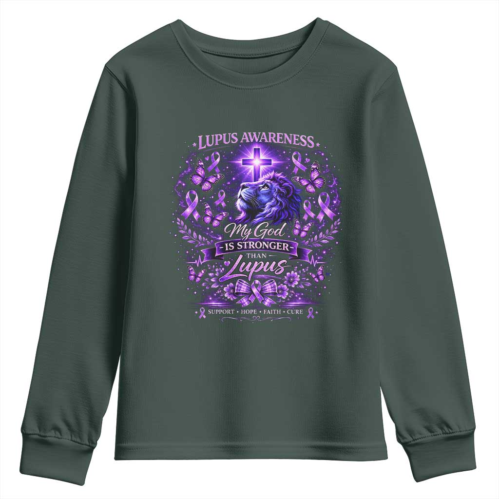 Lupus Awareness Youth Sweatshirt Lion Purple Ribbon My God Is Stronger Than Lupus TS10 Dark Forest Green Print Your Wear