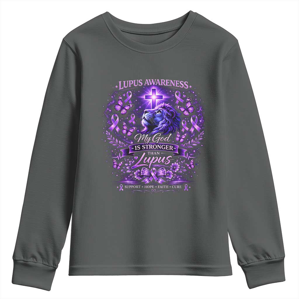 Lupus Awareness Youth Sweatshirt Lion Purple Ribbon My God Is Stronger Than Lupus TS10 Dark Heather Print Your Wear