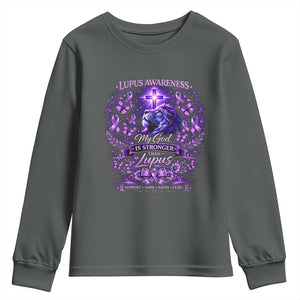 Lupus Awareness Youth Sweatshirt Lion Purple Ribbon My God Is Stronger Than Lupus TS10 Dark Heather Print Your Wear