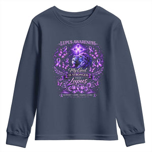 Lupus Awareness Youth Sweatshirt Lion Purple Ribbon My God Is Stronger Than Lupus TS10 Navy Print Your Wear