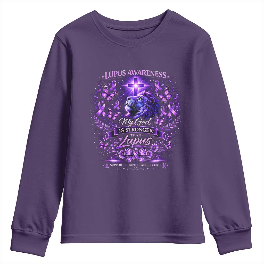 Lupus Awareness Youth Sweatshirt Lion Purple Ribbon My God Is Stronger Than Lupus TS10 Purple Print Your Wear