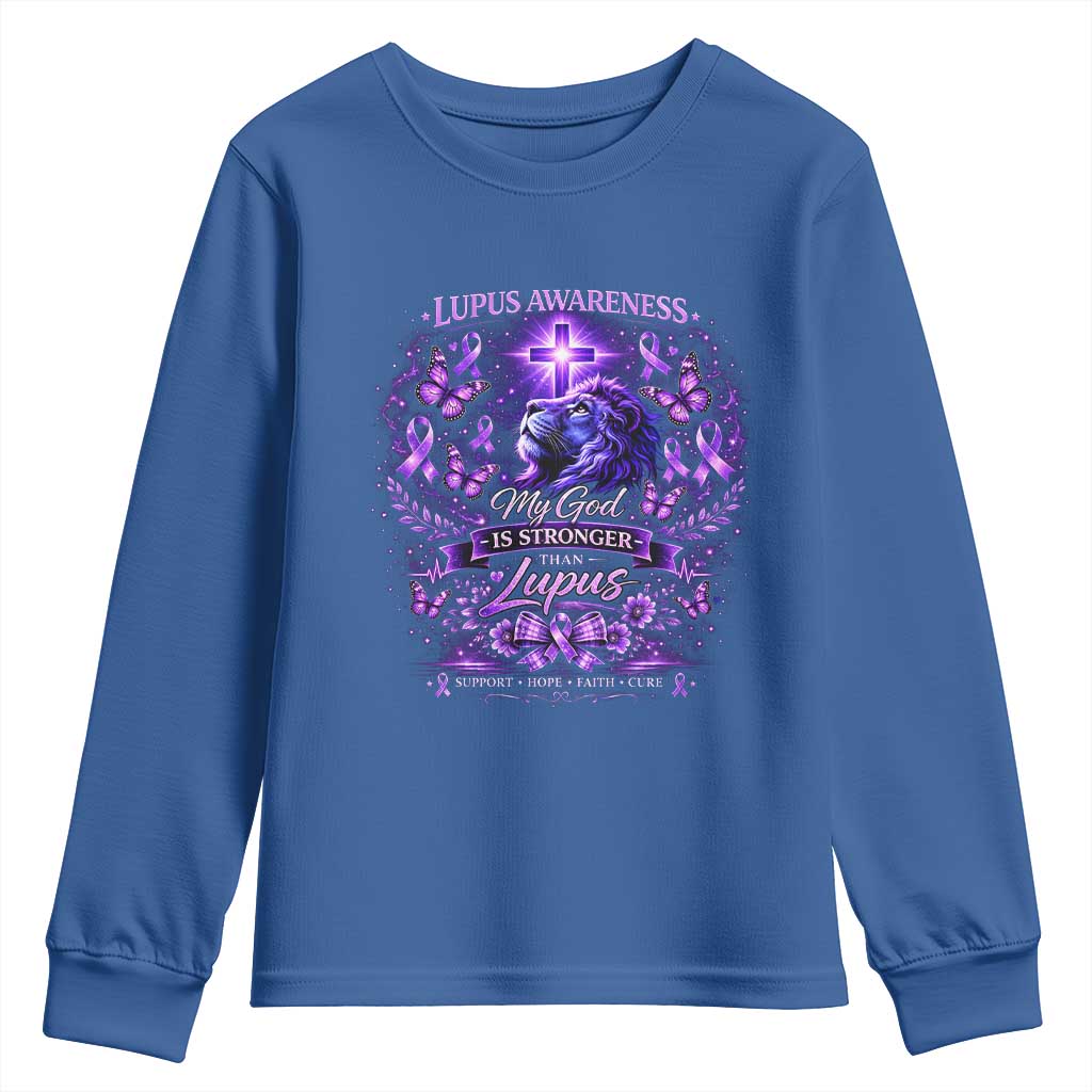 Lupus Awareness Youth Sweatshirt Lion Purple Ribbon My God Is Stronger Than Lupus TS10 Royal Blue Print Your Wear