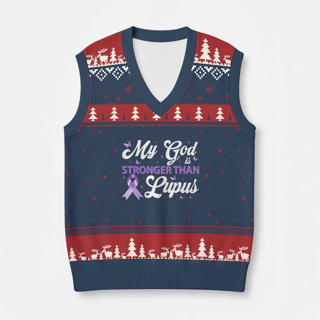 My God Is Bigger Than Lupus V-Neck Knit Sweater Vest Purple Ribbon TS10 Navy Red Print Your Wear