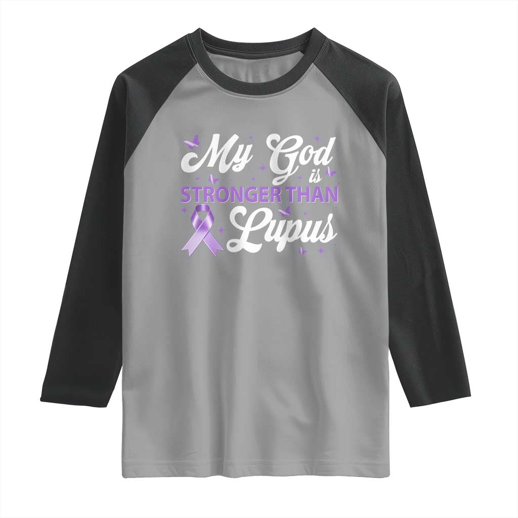 My God Is Bigger Than Lupus Raglan Shirt Purple Ribbon TS10 Sport Gray Black Print Your Wear