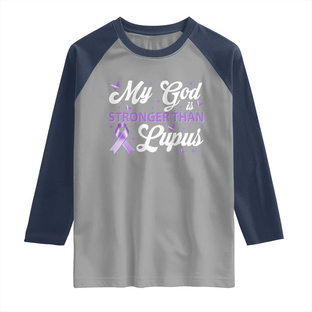 My God Is Bigger Than Lupus Raglan Shirt Purple Ribbon TS10 Sport Gray Navy Print Your Wear